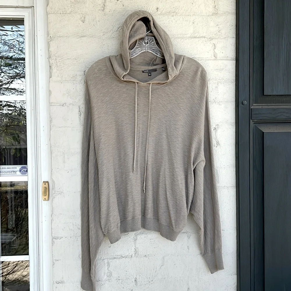 Vince Taupe Slub Knit Cotton Slouchy Hooded Sweater Size Small - Picture 3 of 8
